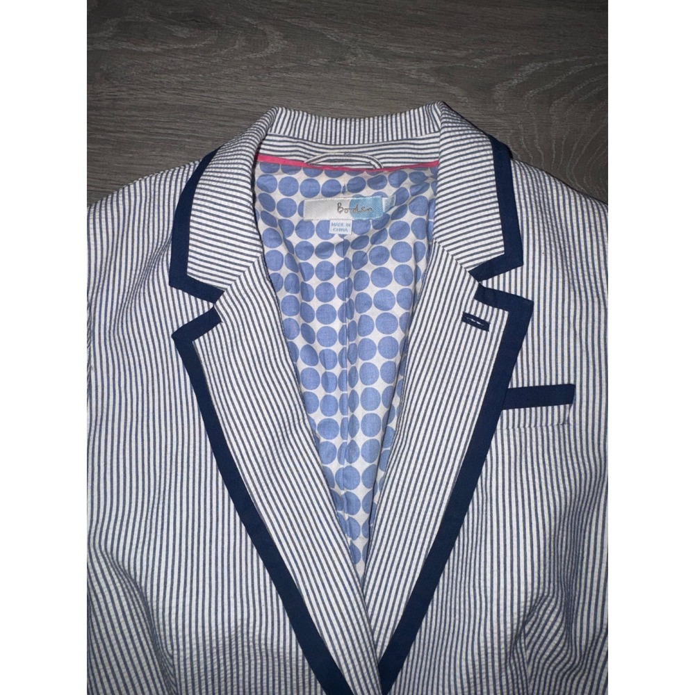 Boden Womens Blue White Striped Seersucker Blazer Navy Trim Polka Dot Lining 12 - Picture 2 of 5